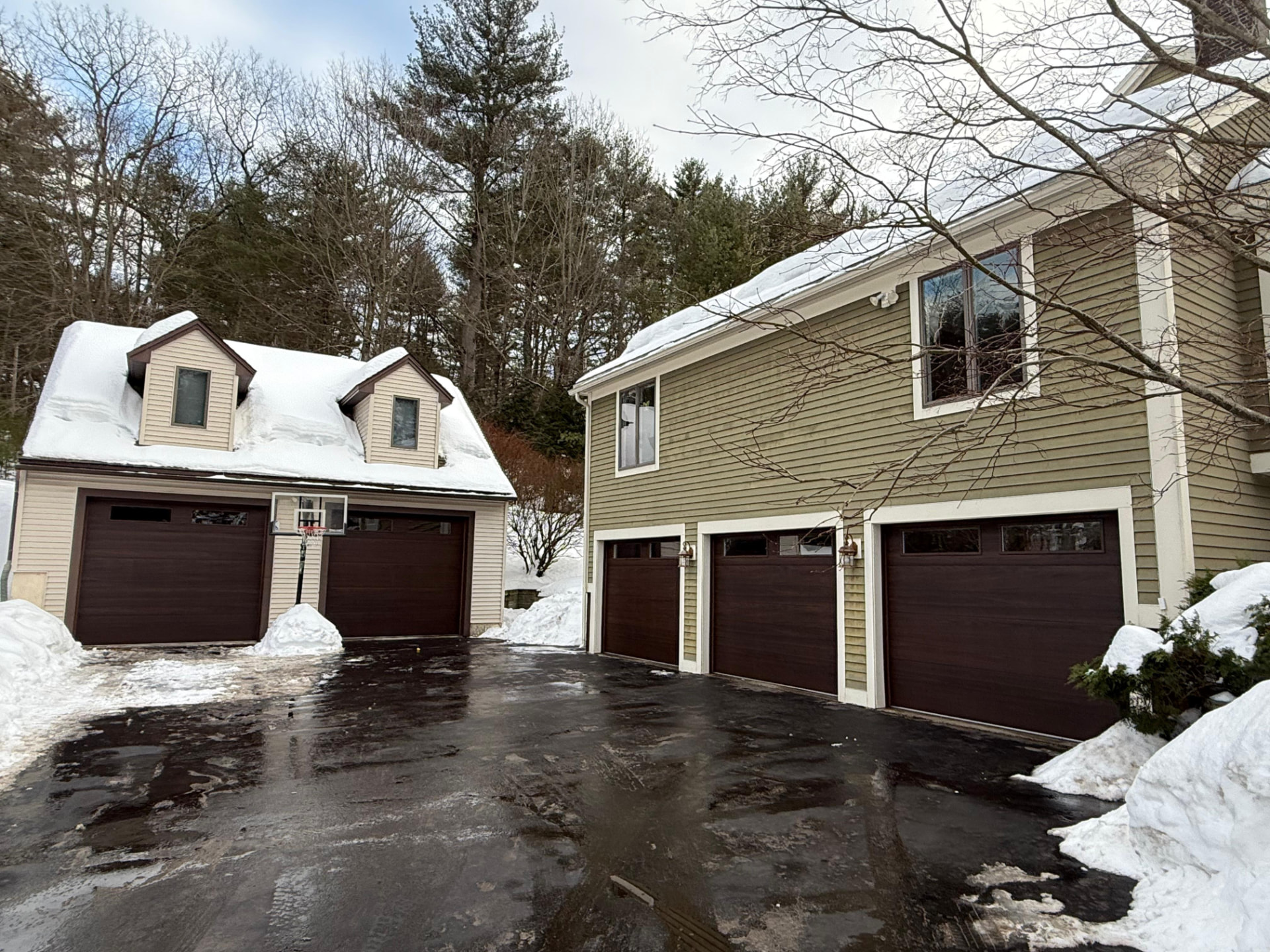 Wood-look doors, snowy home