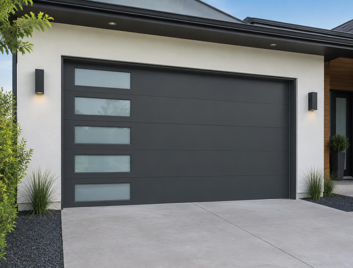 Newly installed residential garage door on a New England home