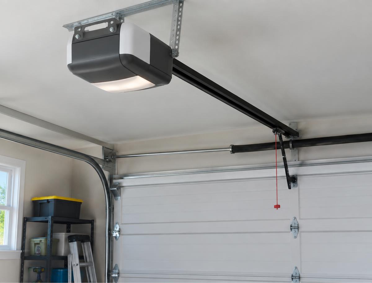 Garage door opener mounted in a residential garage