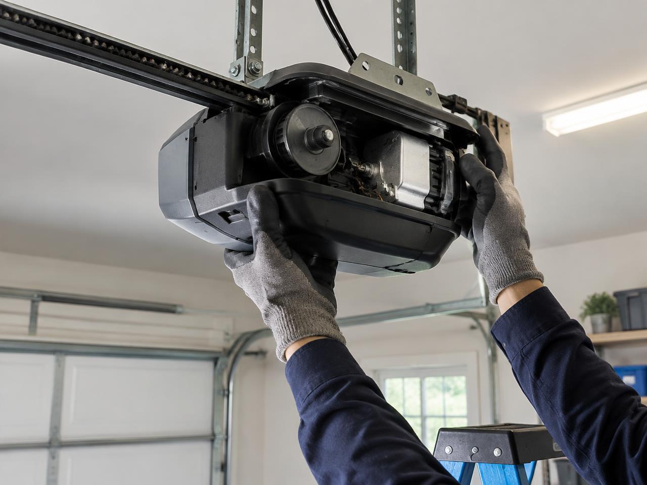 Technician in work gloves inspecting a ceiling-mounted garage door opener
