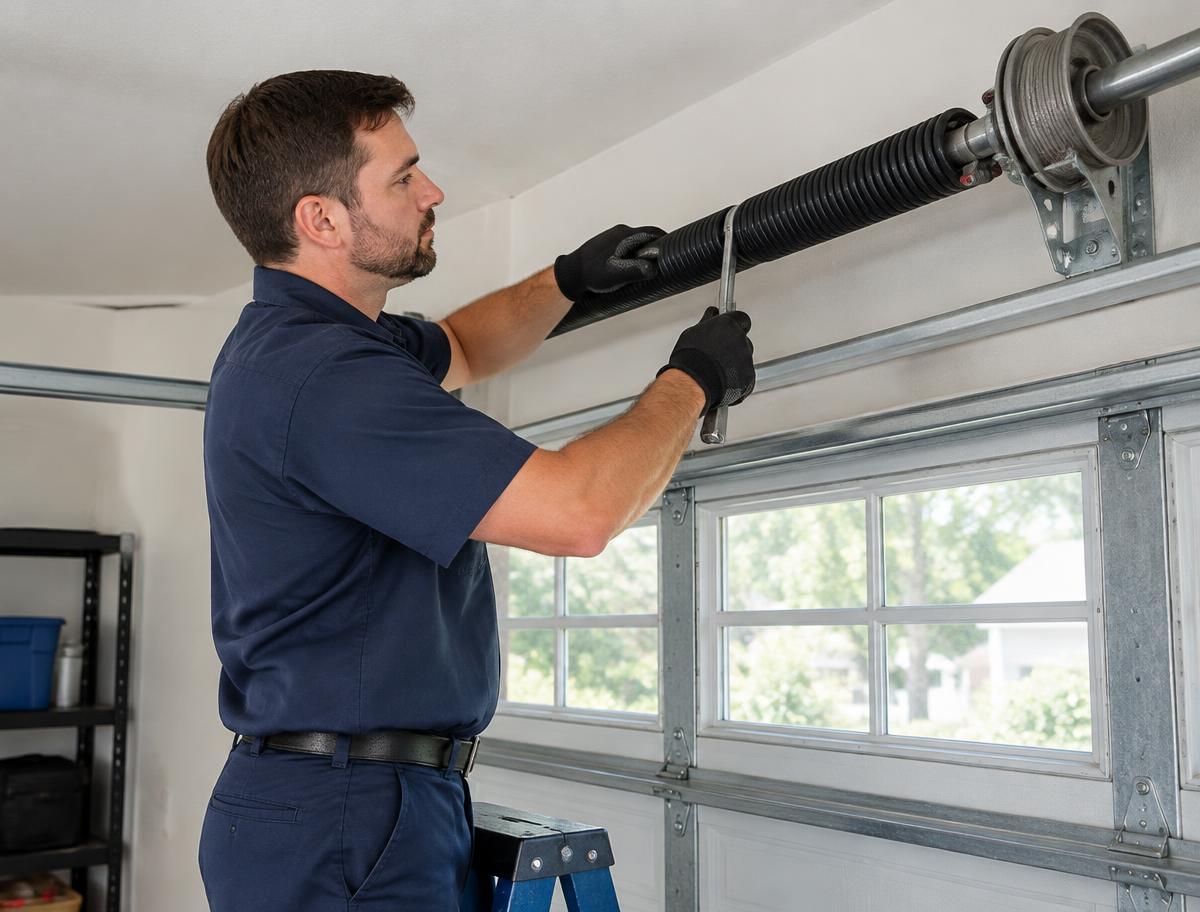 Technician repairing garage door hardware on a residential door